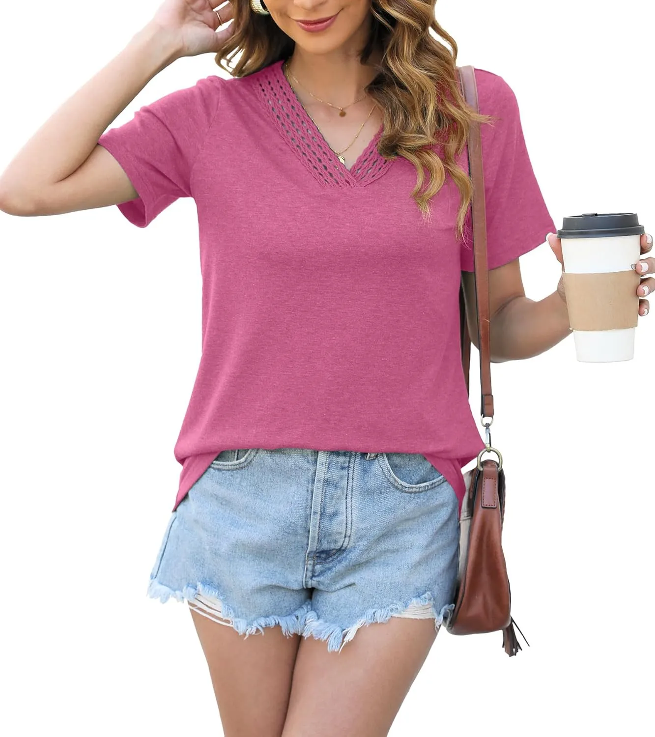 Womens Tops Dressy Casual V Neck Short Sleeve Lace Splice T Shirts Cute Fashion Clothes 2025