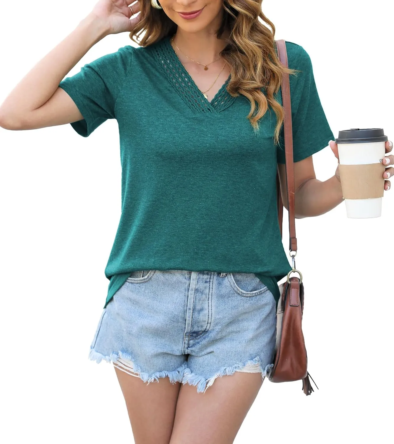Womens Tops Dressy Casual V Neck Short Sleeve Lace Splice T Shirts Cute Fashion Clothes 2025