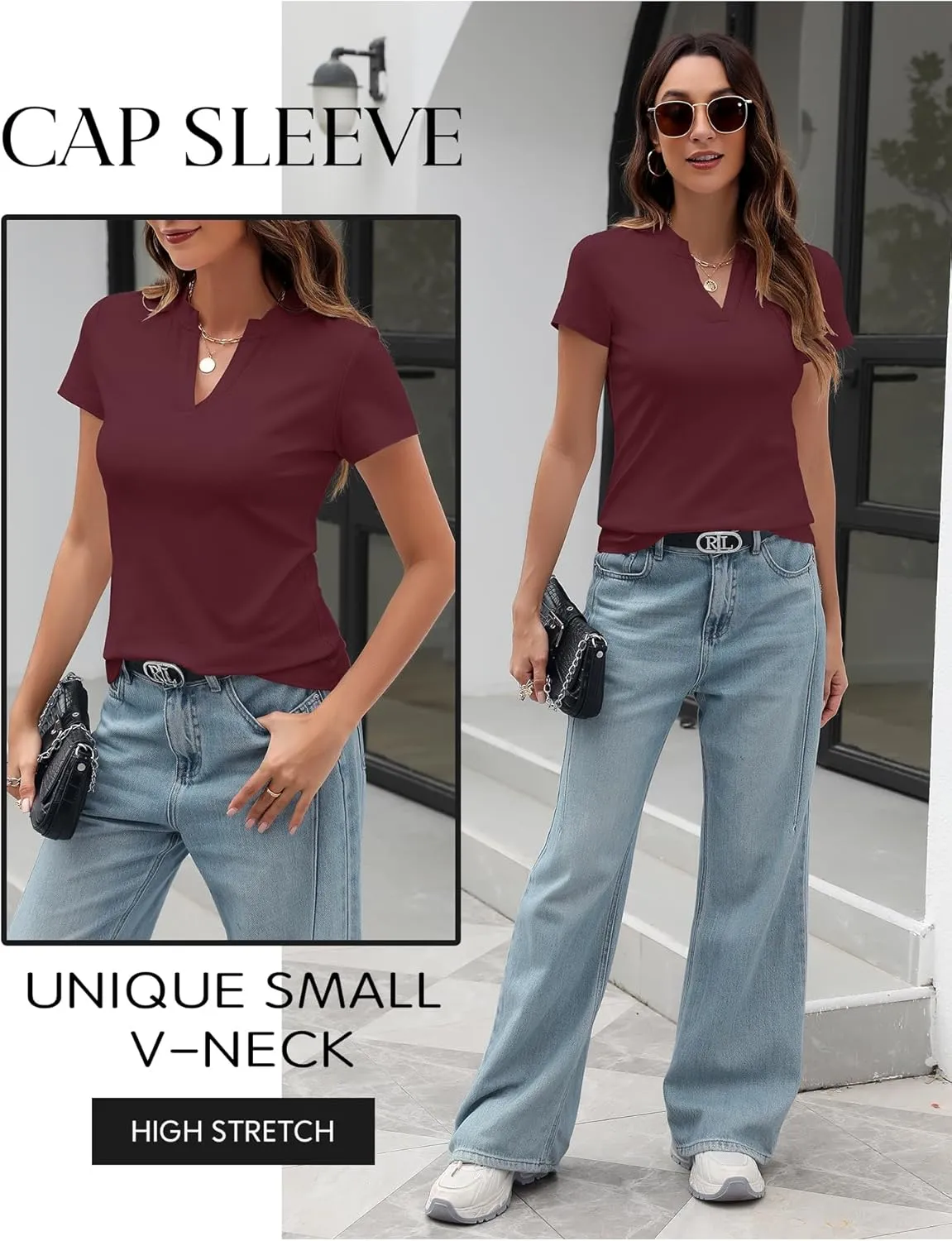 Women's V Neck T-Shirts 2025 Trendy Summer Short Sleeve Casual Tees Slim Fit Basic Tops for Work