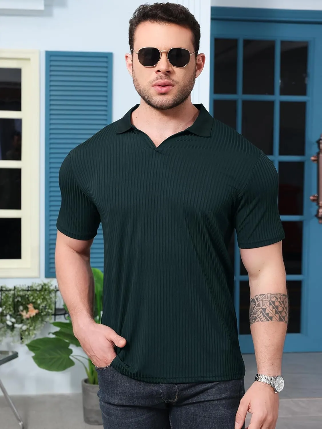 YKR Men's Muscle V Neck Polo Shirts Slim Fit Short Sleeve Golf Shirts Ribbed Knit Soft Stretch T Shirt