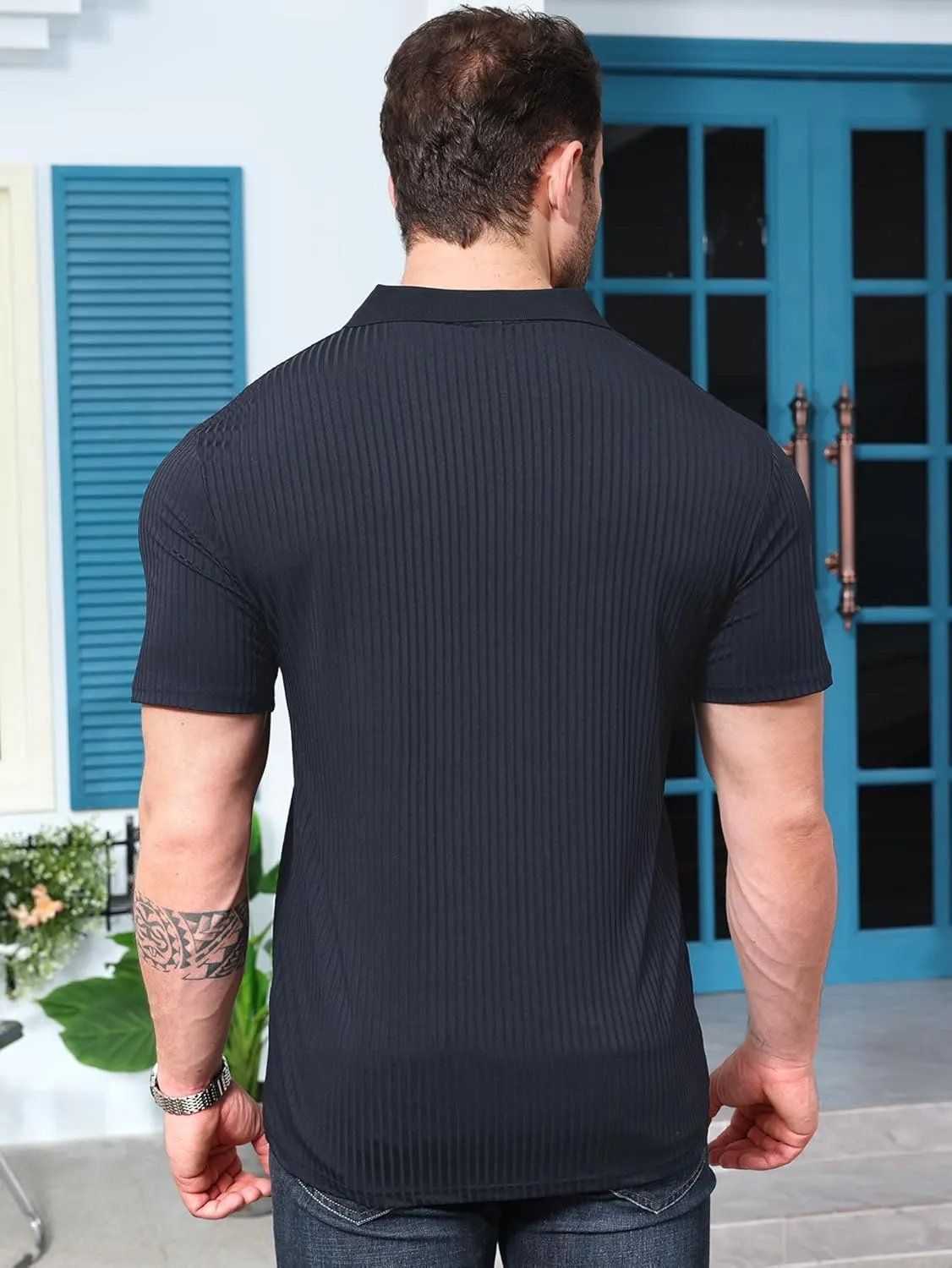YKR Men's Muscle V Neck Polo Shirts Slim Fit Short Sleeve Golf Shirts Ribbed Knit Soft Stretch T Shirt