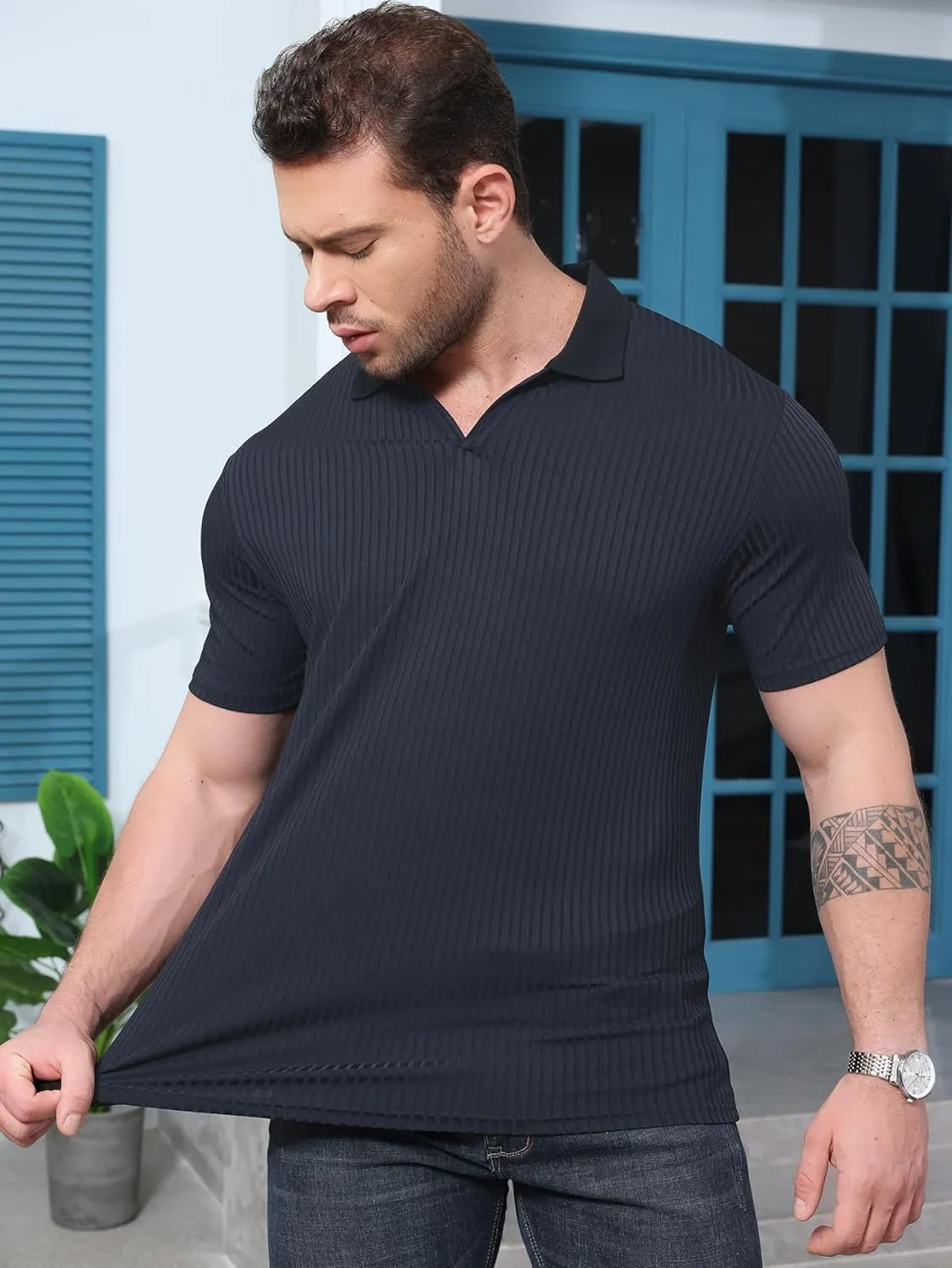 YKR Men's Muscle V Neck Polo Shirts Slim Fit Short Sleeve Golf Shirts Ribbed Knit Soft Stretch T Shirt