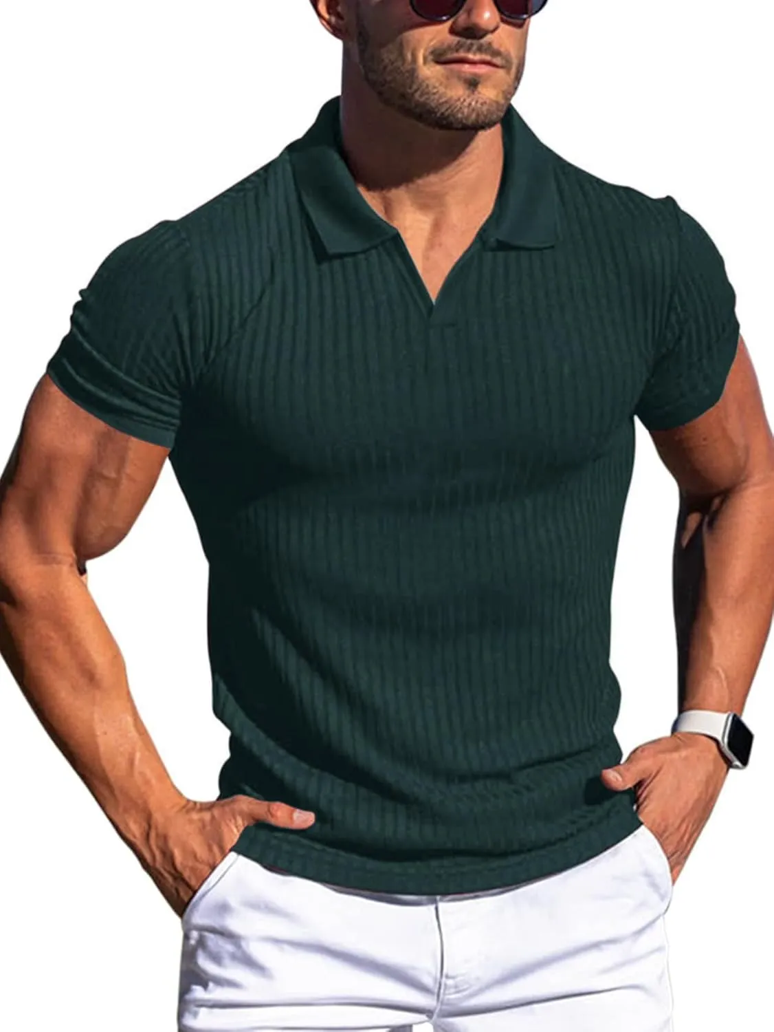 YKR Men's Muscle V Neck Polo Shirts Slim Fit Short Sleeve Golf Shirts Ribbed Knit Soft Stretch T Shirt