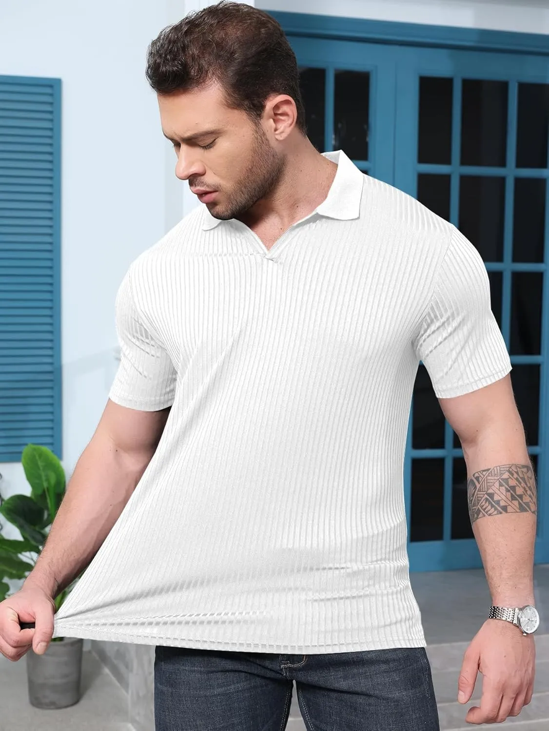 YKR Men's Muscle V Neck Polo Shirts Slim Fit Short Sleeve Golf Shirts Ribbed Knit Soft Stretch T Shirt