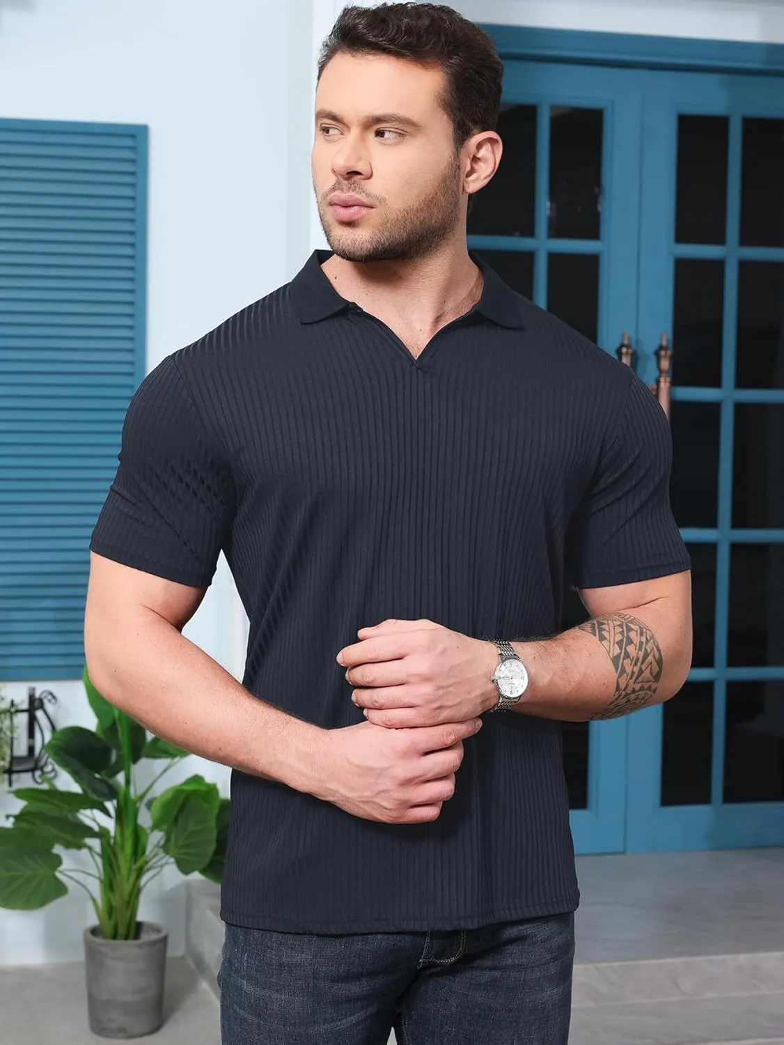 YKR Men's Muscle V Neck Polo Shirts Slim Fit Short Sleeve Golf Shirts Ribbed Knit Soft Stretch T Shirt