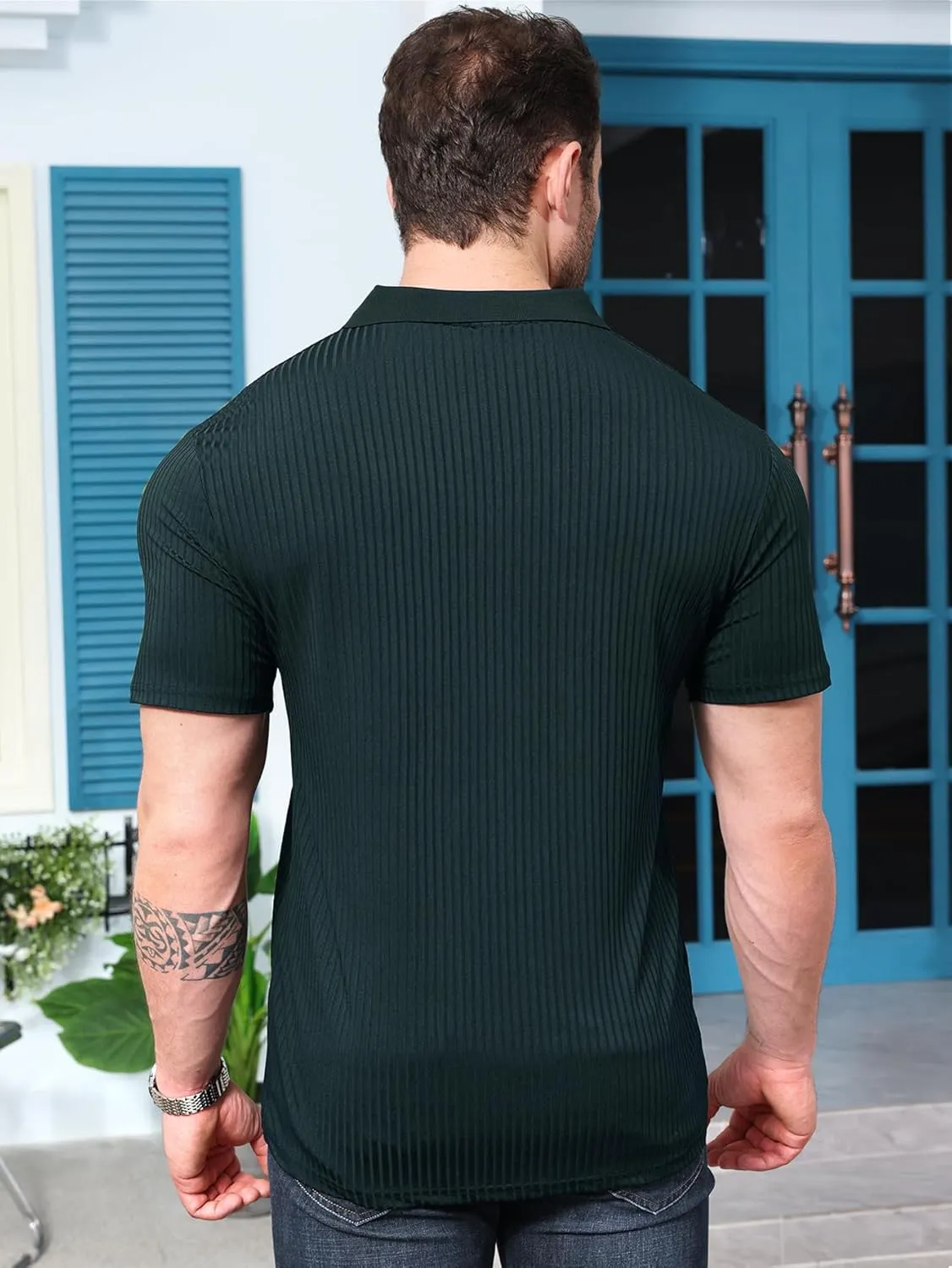 YKR Men's Muscle V Neck Polo Shirts Slim Fit Short Sleeve Golf Shirts Ribbed Knit Soft Stretch T Shirt