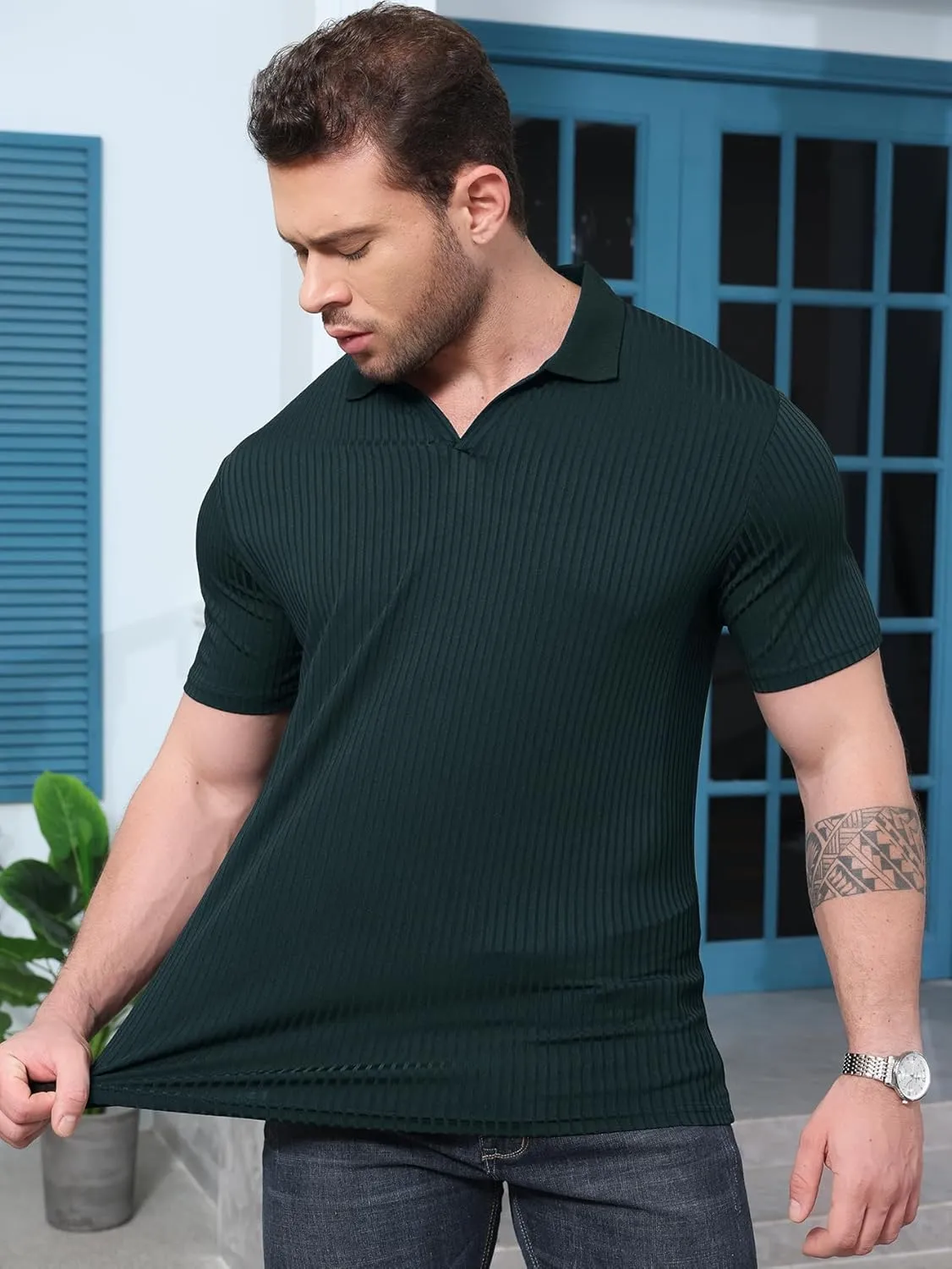 YKR Men's Muscle V Neck Polo Shirts Slim Fit Short Sleeve Golf Shirts Ribbed Knit Soft Stretch T Shirt