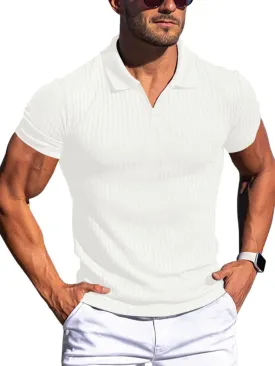 YKR Men's Muscle V Neck Polo Shirts Slim Fit Short Sleeve Golf Shirts Ribbed Knit Soft Stretch T Shirt