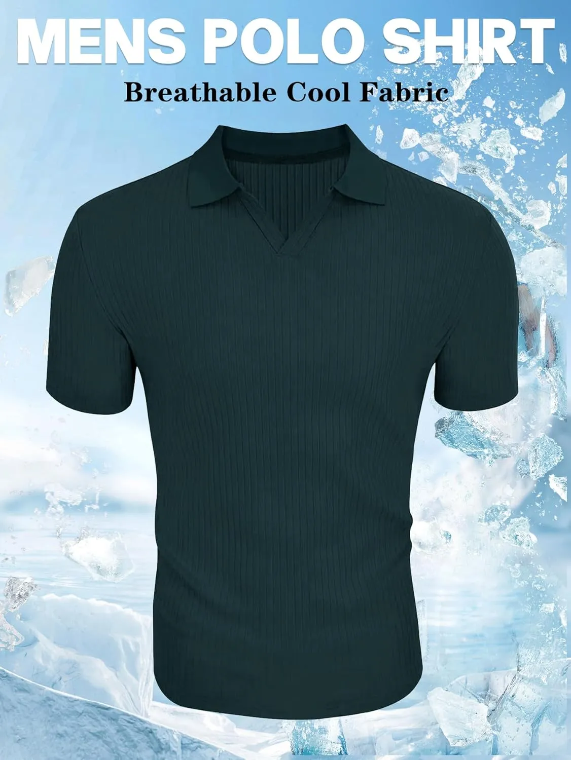 YKR Men's Muscle V Neck Polo Shirts Slim Fit Short Sleeve Golf Shirts Ribbed Knit Soft Stretch T Shirt