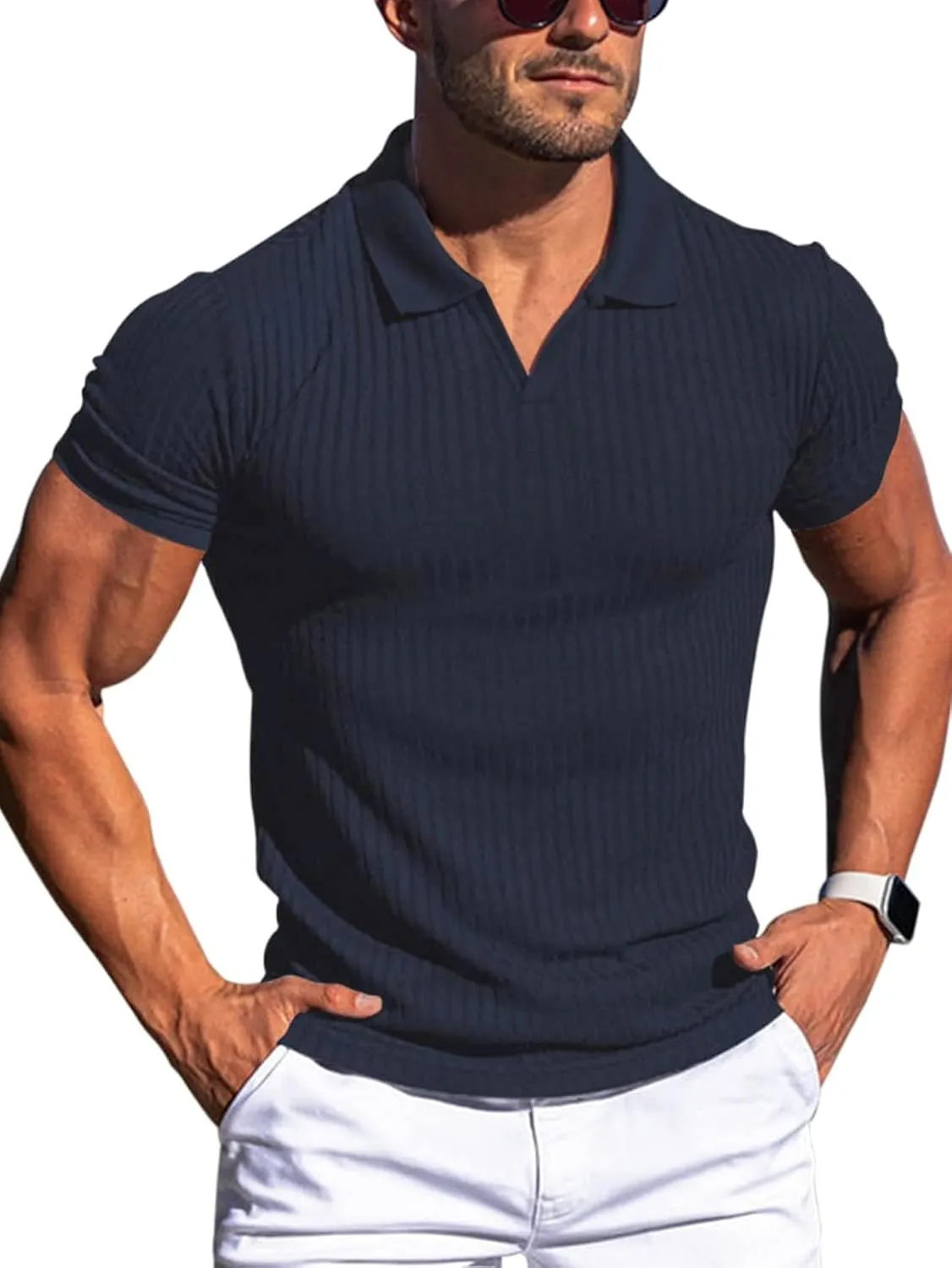 YKR Men's Muscle V Neck Polo Shirts Slim Fit Short Sleeve Golf Shirts Ribbed Knit Soft Stretch T Shirt