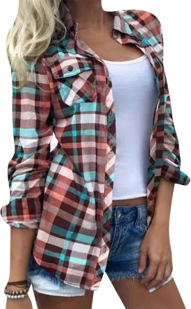 YMING Womens Button Down Flannel Shirts Long Sleeve Plaid Cardigan Casual Color Block Blouse Top with Pockets