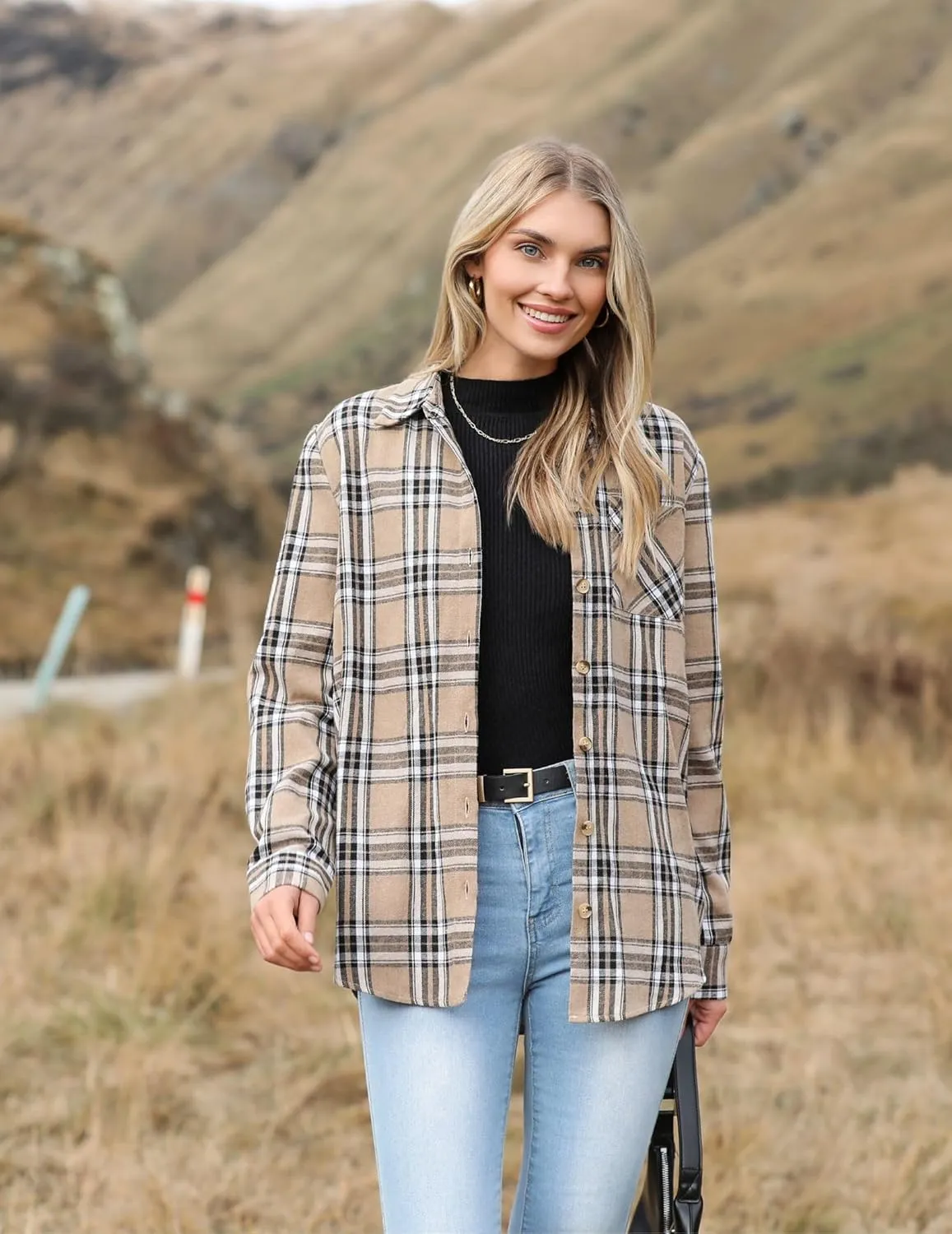 Zeagoo Womens Plaid Shirts Cotton Classic Long Sleeve Button Down Collared Casual Tops Lightweight Autumn Blouses