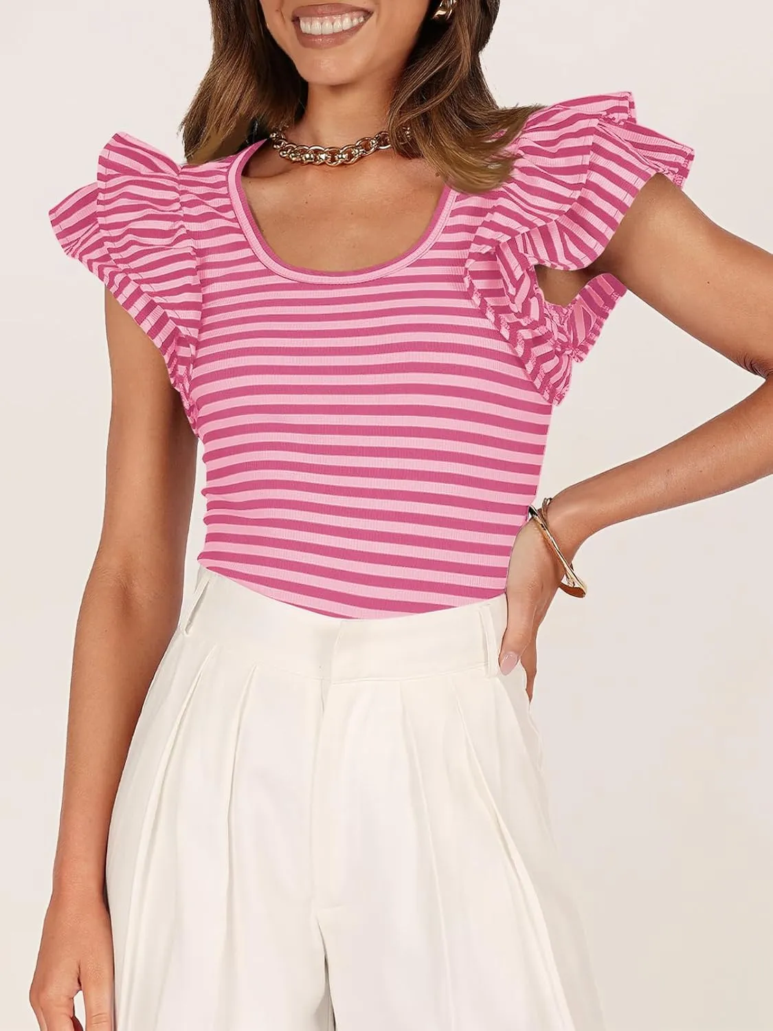 ZESICA Women's Ruffle Short Sleeve Striped T Shirts Summer Scoop Neck Slim Fitted Causal Basic Tee Tops