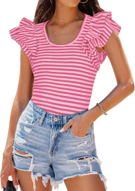 ZESICA Women's Ruffle Short Sleeve Striped T Shirts Summer Scoop Neck Slim Fitted Causal Basic Tee Tops