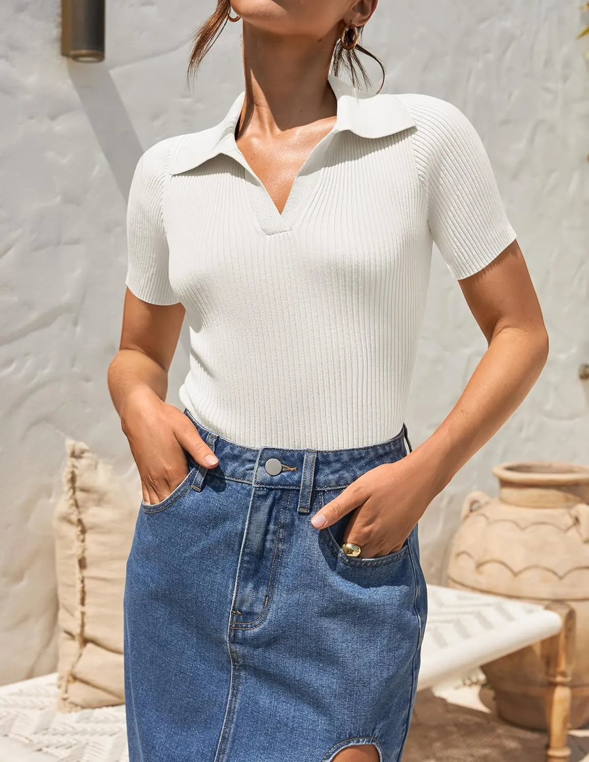 ZESICA Women's Short Sleeve V Neck T Shirts 2025 Summer Ribbed Knit Slim Fitted Basic Solid Color Tee Tops