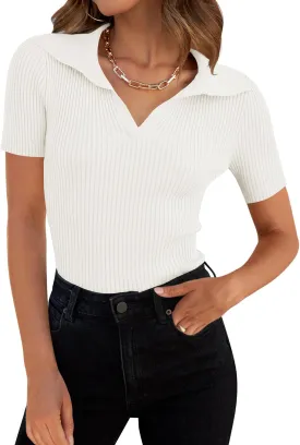 ZESICA Women's Short Sleeve V Neck T Shirts 2025 Summer Ribbed Knit Slim Fitted Basic Solid Color Tee Tops