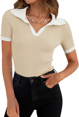 ZESICA Women's Short Sleeve V Neck T Shirts 2025 Summer Ribbed Knit Slim Fitted Basic Solid Color Tee Tops