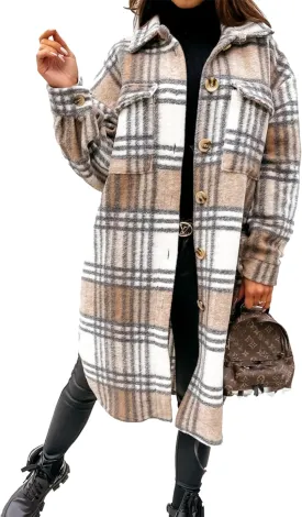 Zontroldy Casual Long Plaid Shirts Shacket Jacket Button Down Long Sleeve Shirts Trench Coats for Women
